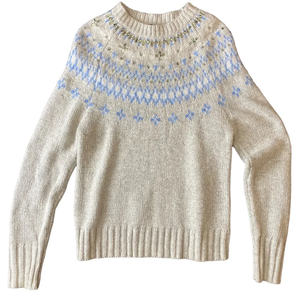 J. Crew Fair Isle Sweater Alpaca Merino Lambs Wool Crewneck Womens Sz XS Cream - Picture 9 of 13